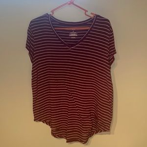 Burgundy and white striped V Neck top